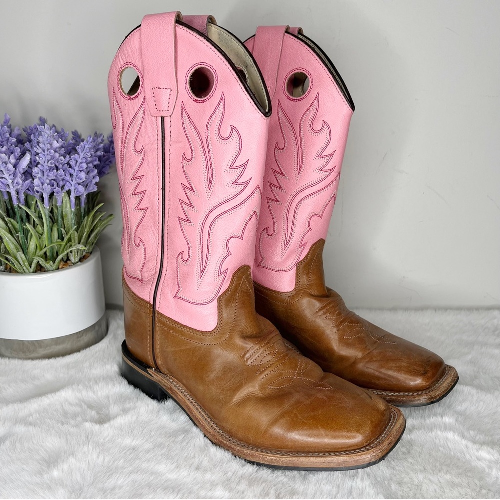 Old West Pink & Brown Distressed Leather Square Toe Cowgirl Boots in Size 4
